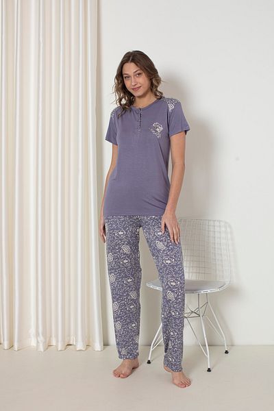 KAPİTEX Set de pijamale cu mânecă scurtă cu 3 nasturi cu imprimeu floral albastru