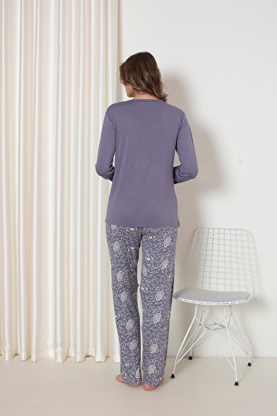 KAPİTEX Uzun Kollu Üç Düğme Yakalı Mavi Renk Çiçekli Pijama Takımı