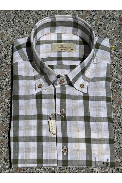 Daniel Bessi Plaid Patterned Button Collar Classic Cut Regular Fit Short Sleeve Cotton Men's Shirt with Pockets