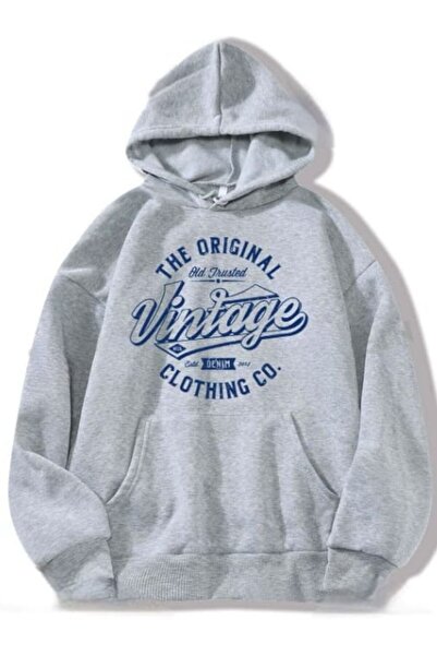 BETİLİNA Gray Blue Vintage Hooded Printed Pocketed Suede