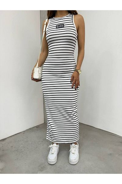 MY DEPO Rochie midi alb-negru cu detaliu cu fante