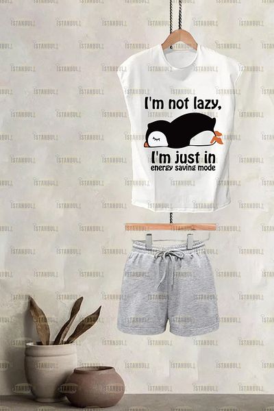 aynewmoda I'm not lazy.Printed 0 sleeve T-shirt shorts Tracksuit Bottom Top Set