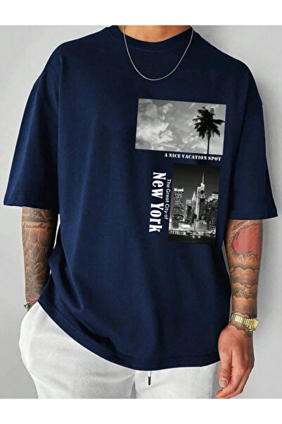 SELENA BUTİK Unisex Navy Blue Great City NY βαμβακερό μπλουζάκι Oversize