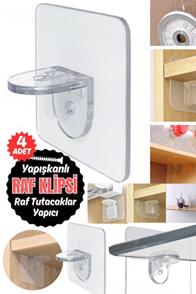 Munico 4 Adet Taşınabilir Bölücü Braketi Ev Kendinden Yapışkanlı Raf Destek Tutucular Duvara Monte Klips