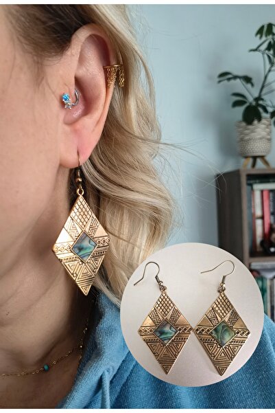 Bylin Takı Mother of Pearl Patterned Vintage Gold Earrings-1 Pair