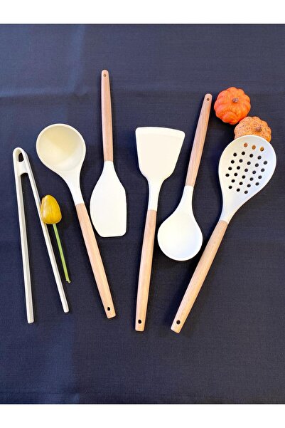 Kitchen Crazy 6 Parça Bambu Saplı Silikon Kepçe Spatula Mutfak Seti Krem
