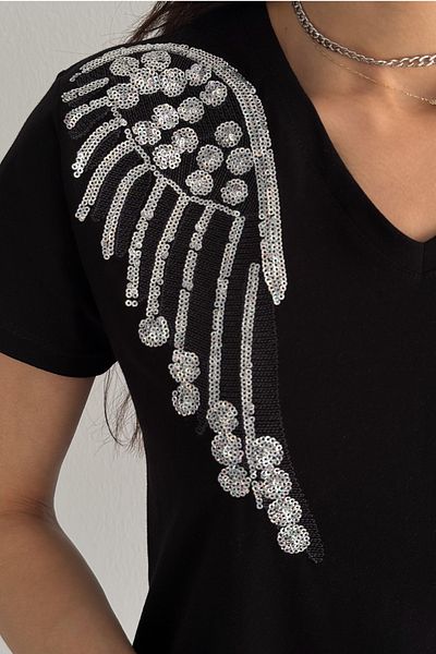 FEMELLE Tricou negru pentru femei, cu decolteu în V, cu aripi de înger, brodat cu paiete, 100% bumbac
