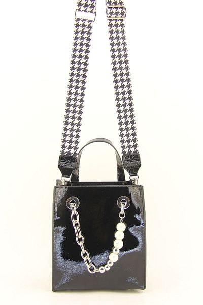 HNB Woman's Black Patent Leather Pearl Handle Handbag