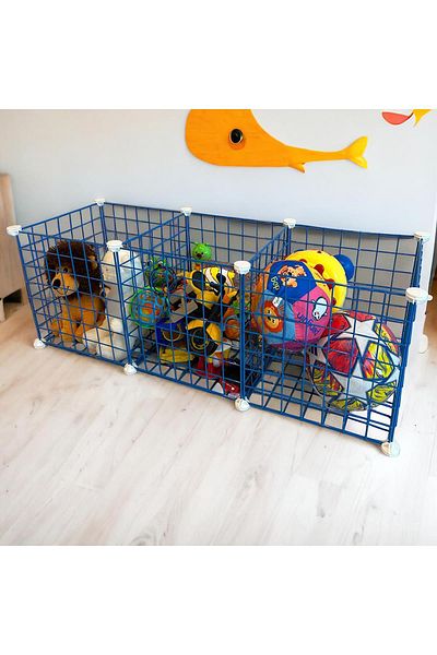 decorelax Cub de sârmă albastru de 33 cm - Raft organizator multifuncțional cu 3 compartimente, bucătărie, jucării, cămară și raft de depozitare