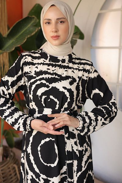 benguen 12018 Patterned Hijab Dress Black