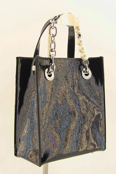 HNB Woman's Black Patent Leather Pearl Handle Handbag