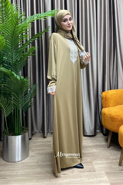 MERYEMNUR Lace Jersey Mink Prayer Dress - With Self-Wrap