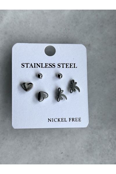 axexuar Real Steel Silver Color 3-Piece Earrings Heart Butterfly Ball Earrings Stainless Tarnish