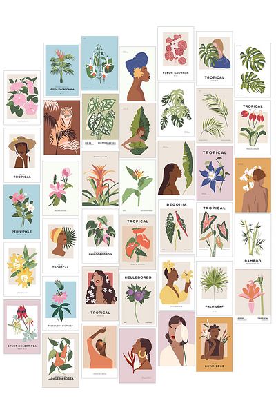 Postifull Σετ αφίσας Vintage Botanical Collage 40 τεμαχίων - με αυτοκόλλητο δώρο - σε κουτί