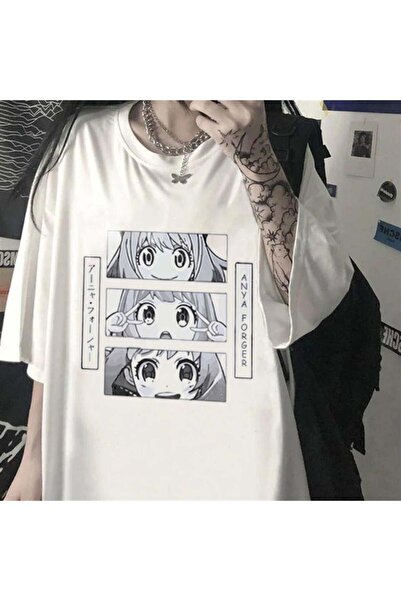 Toum Tricou alb unisex oversize - DamlaHobi imprimat cu Triple Anya Forger