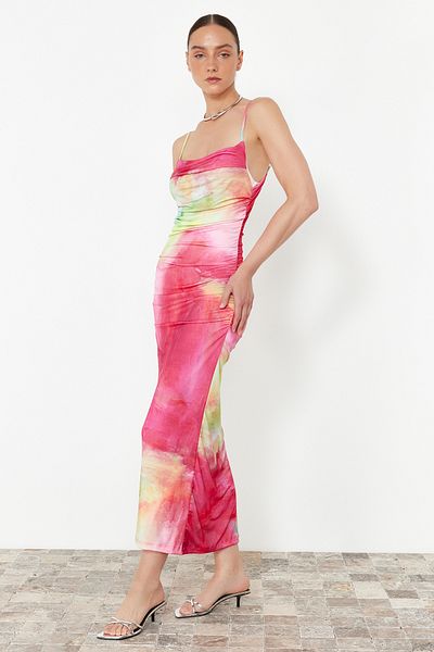 Trendyol Collection Ροζ εμπριμέ Midi Flexible Pencil Dress - Ρυθμιζόμενο λουράκι TWOSS24EL00566