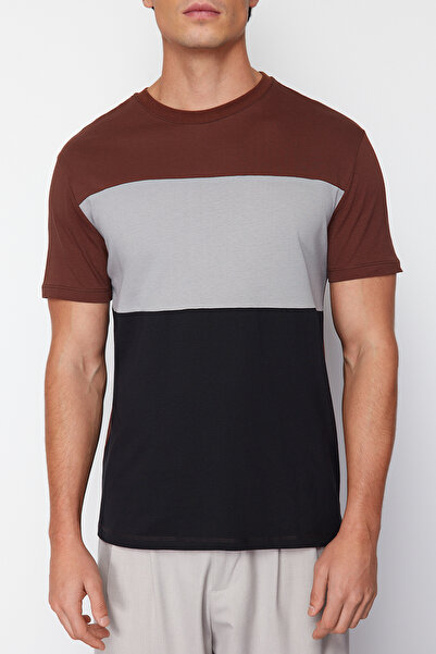 Trendyol Collection Színes blokkolt barna pamut póló - normál szabású TMNSS24TS00076