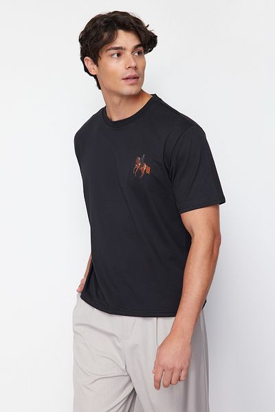 Trendyol Collection Μαύρο μπλουζάκι υπερμεγέθη/φαρδύ άλογο/κέντημα ζώων κοντό μανίκι 100% βαμβάκι TMNSS24TS00089