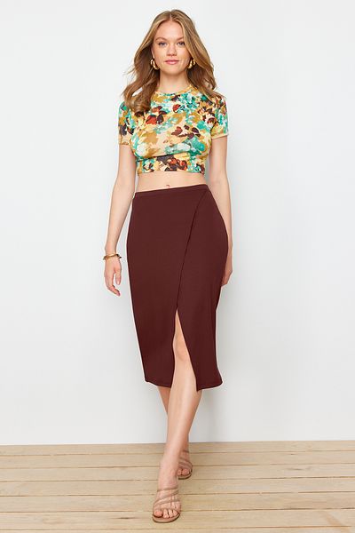 Trendyol Collection Multi-Color Printed Flexible Body-Fitting and Midi-Length Knitted Blouse and Skirt Bottom-Top Set TWOSS24AU00123