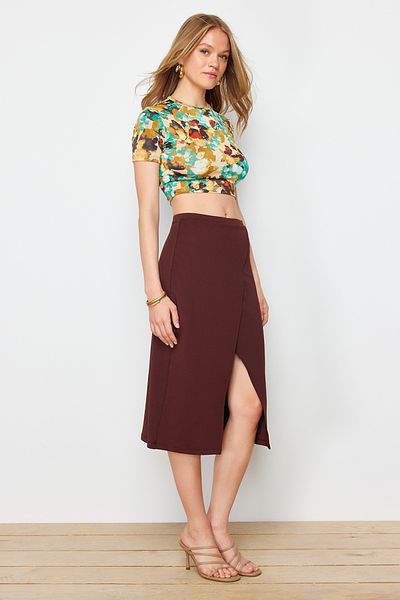 Trendyol Collection Multi-Color Printed Flexible Body-Fitting and Midi-Length Knitted Blouse and Skirt Bottom-Top Set TWOSS24AU00123