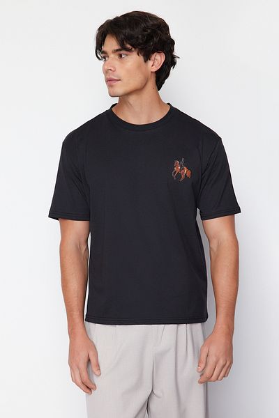 Trendyol Collection Μαύρο μπλουζάκι υπερμεγέθη/φαρδύ άλογο/κέντημα ζώων κοντό μανίκι 100% βαμβάκι TMNSS24TS00089