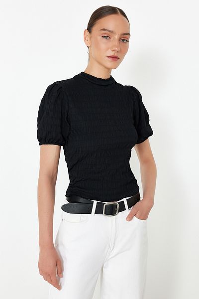 Trendyol Collection Black Premium Textured Crop Stand Collar Stretchy Balloon Sleeve Knitted Blouse TWOSS24BZ00388