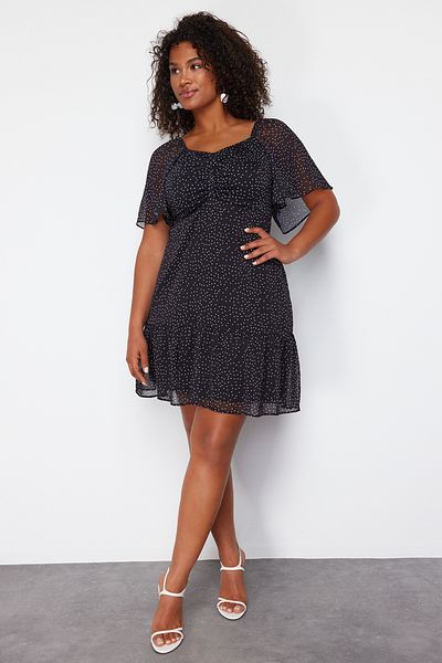 Trendyol Curve Plus Size Black Polka Dot Mini Chiffon Dress - Elastic Waist, Lined TBBSS24AH00185
