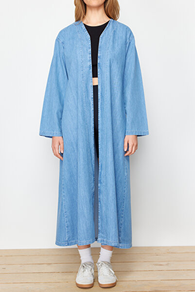 Trendyol Collection Světle modré Maxi džínové šaty – pevný střih, rovné zavinování, skromné TWOSS24EL00924