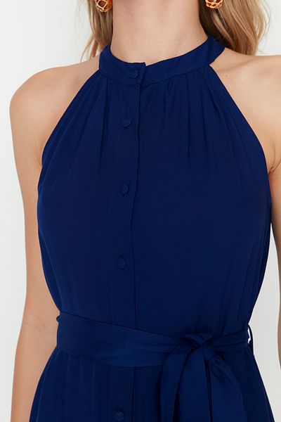 Trendyol Collection Sötétkék öves uralkodó galléros Midi szőtt ingruha TWOSS19XM0112