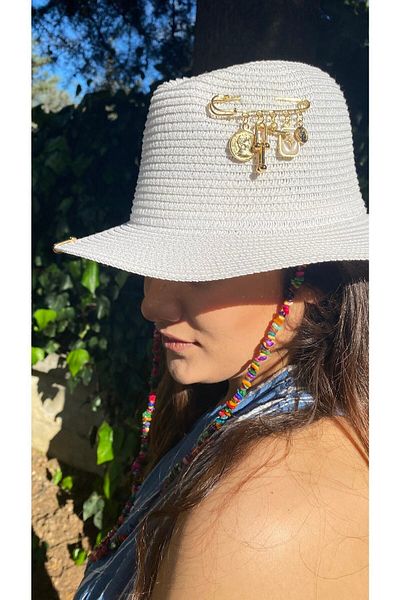 laviyonsa White Cowboy Straw Hat Removable Natural Stone Special Design Accessory