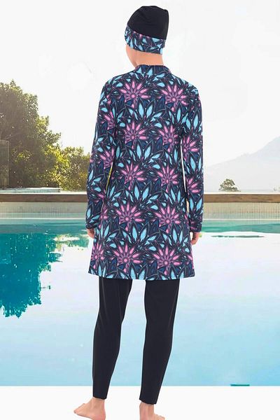 MEBA Μαύρο μακρυμάνικο Quick Dry Lycra Navy Blue Floral Πλήρως καλυμμένο Hijab μαγιό -3