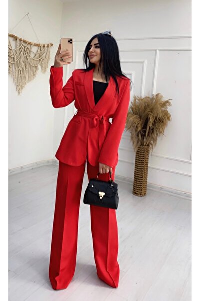 BERİ BUTİK Kadın kuşaklı Kırmızı ispanyol pantolon ceket takım