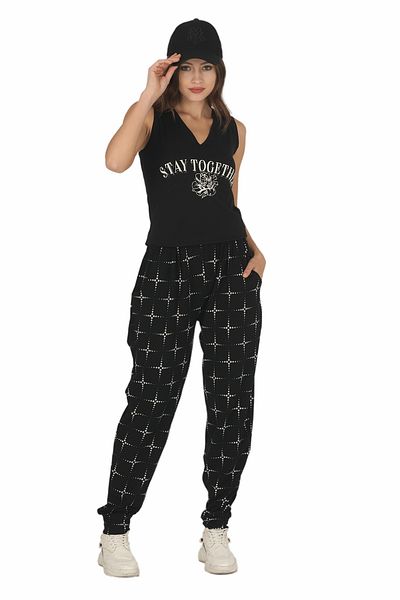quilling Black Patterned Lady Shalwar Pajama Set with Strappy Sleeves - 10043