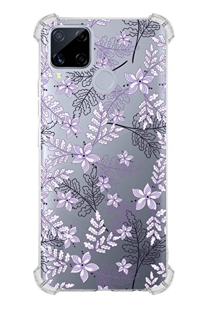 PrintiFy Realme C15 Uyumlu Köşe Korumalı Floral Lila Tasarımlı Şeffaf Silikon...