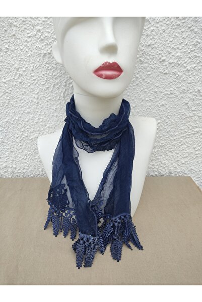 Hippybutik Lacivert Desenli Şifon Tığ Kontürlü El İşi Fular Saç Bandı