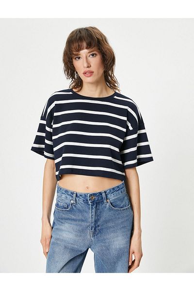 Koton Tricou crop din bumbac cu decolteu rotund - mânecă scurtă 4SAK50330EK