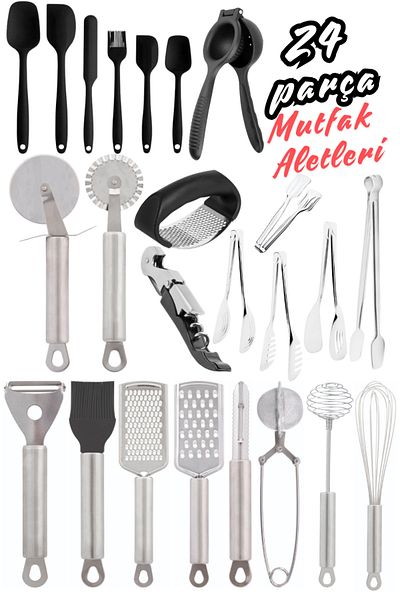 Comprox 24 Piece Kitchen Set Hand Grater Beater Peeler Corkscrew Mixer Garlic Mixer Spatula Set