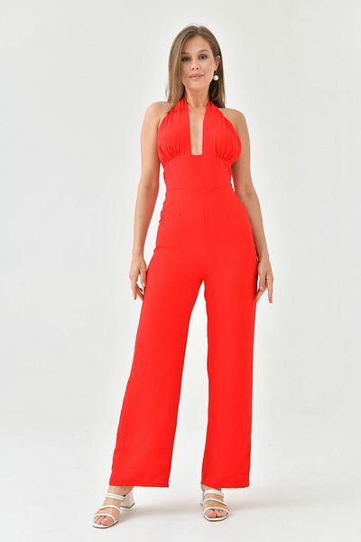 lovebox Women's Crepe Fabric Halter Neck Design Chest Low-cut Wide Leg Red Jumpsuit 164