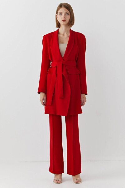 Nurs Şal Yaka Kuşaklı Takım Kırmızı