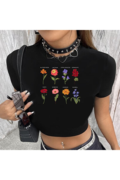 Toum DamlaHobi - Crop Top negru cu imprimeu de flori