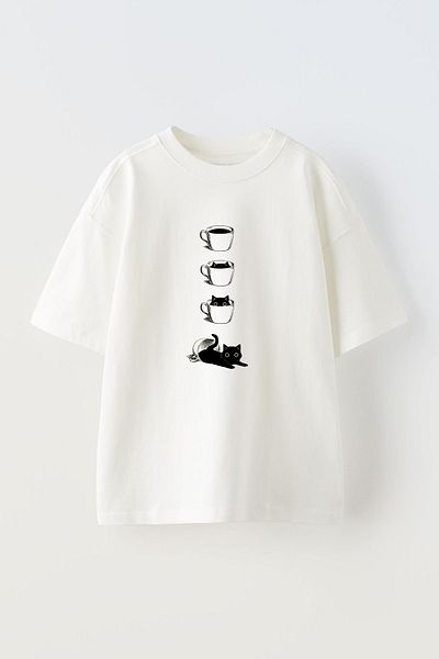 NMG TEKSTİL Λευκό Oversize Βαμβακερό T-shirt - Coffee Cup Karakedi Printed