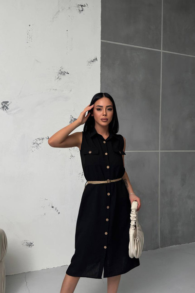 Neşeli Butik kadın keten kumaş hasır kemerli gömlek elbise NBG013