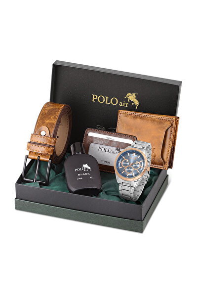 Polo Air Erkek Kol Saati Cüzdan Kemer Kartlık Parfüm  Kombin PL-0841E6 Taba Set