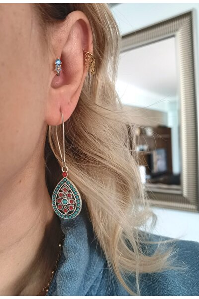 Bylin Takı Blue Patterned Vintage Earrings-1 Pair