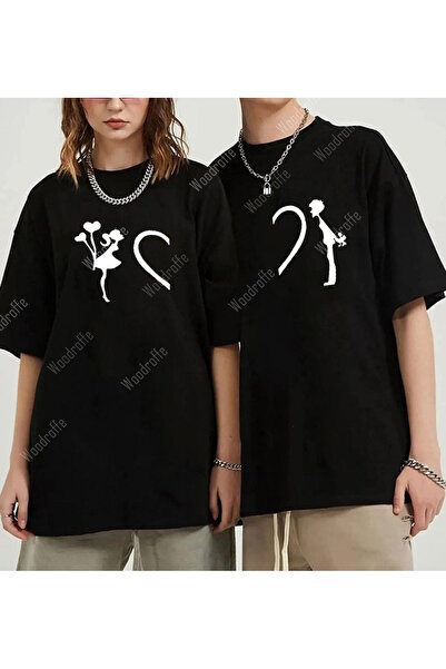 WOODROFFE Tricou cu imprimeu unisex oversize Boyfirend pentru cuplu de îndrăg...