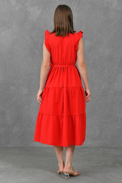 vuvutasarım Sleeve Ruffled Elastic Waisted Belt Detailed Double-breasted Collar Midi Length Red Dress 103