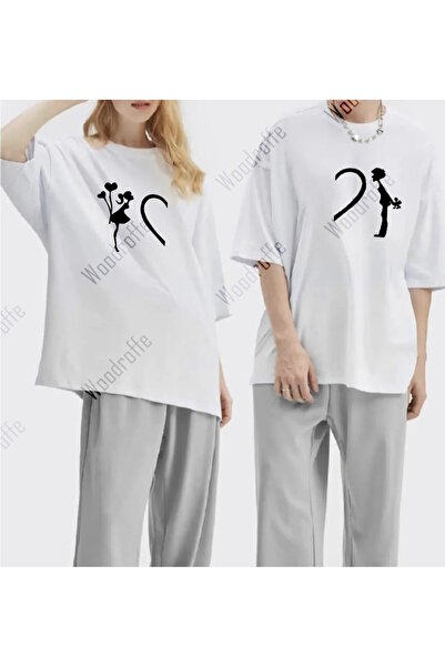 WOODROFFE Tricou supradimensionat unisex Lover - Combinație de cuplu imprimat...