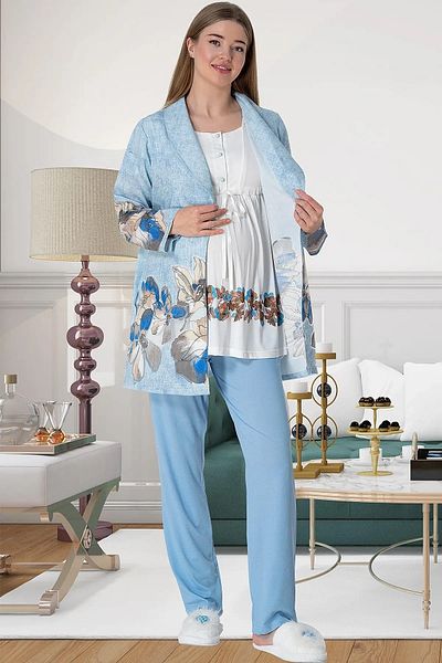 Mecit Pijama Βαμβακερή ρόμπα και πιτζάμες με ρυθμιζόμενη μέση από καουτσούκ για μητρότητα (έγκυος)