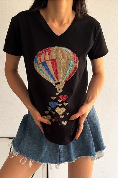 FEMELLE Tricou negru pentru femei, cu decolteu în V, cu balon zburător și cu inimă, brodat cu paiete, 100% bumbac