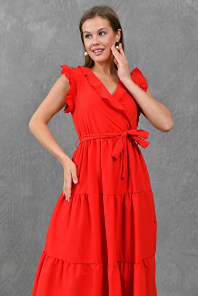 WOMAN VISION Hízelgő szabású elasztikus derekú öv részletes ujjú, fodros, kétsoros gallérral, Midi hosszúságú piros ruha 103